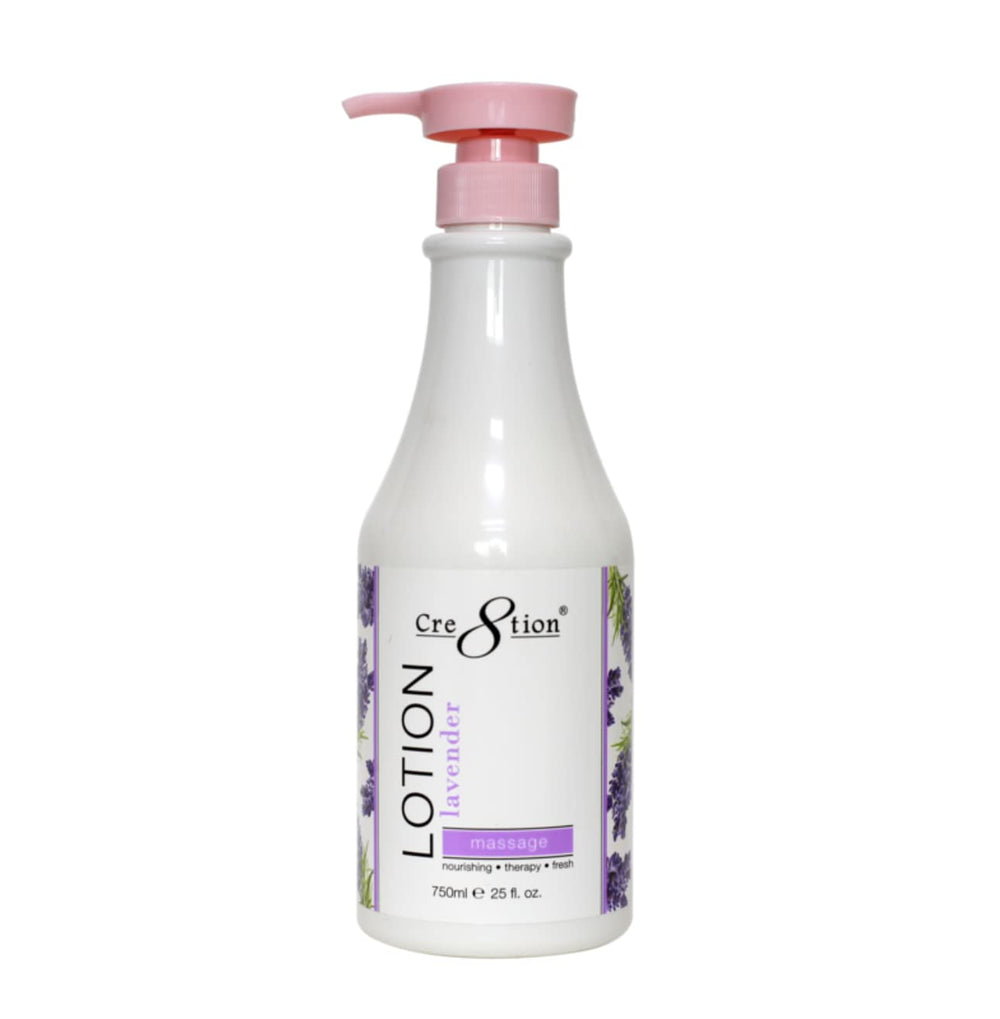 Cre8tion Lavender lotion bottle delivers deep hydration for dry skin.