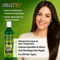 Crece Pelo product demonstrating heat protection during styling.