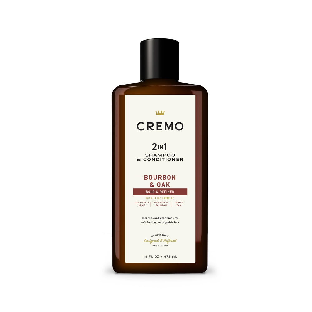 Cremo Bourbon & Oak 2-in-1 bottle ready for daily cleansing and moisturizing.