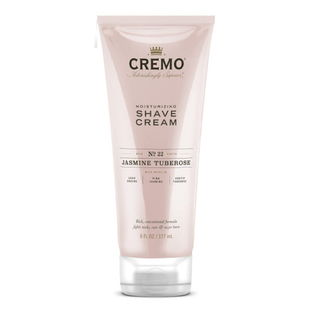 Cremo Jasmine Tuberose Reserve bottle with moisturizing shave cream for a smooth shave
