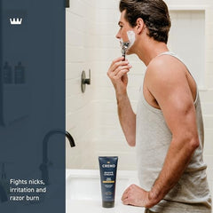 Cremo Palo Santo Shave Cream texture close-up shows foam-free, slick layer.