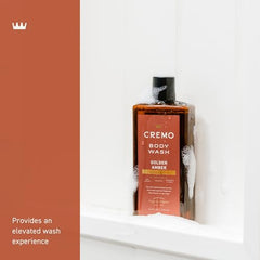 Pour shot of Cremo body wash reveals vibrant gel and creamy lather for cleanse.