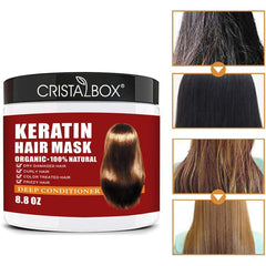 CRISTALBOX Keratin Hair Mask massage scene highlighting detangling and shine boost.