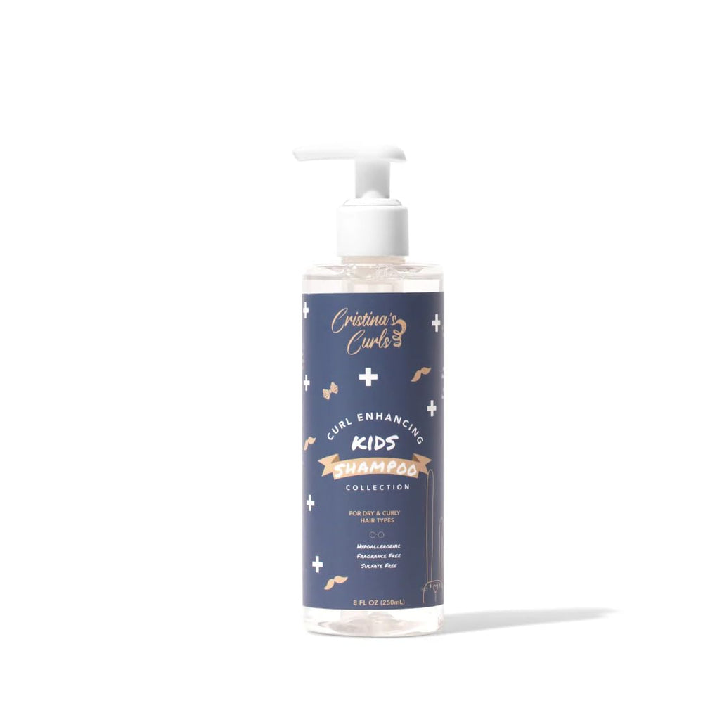 Cristina's Curls Kids Shampoo bottle pour, gentle cleansing and hydration.