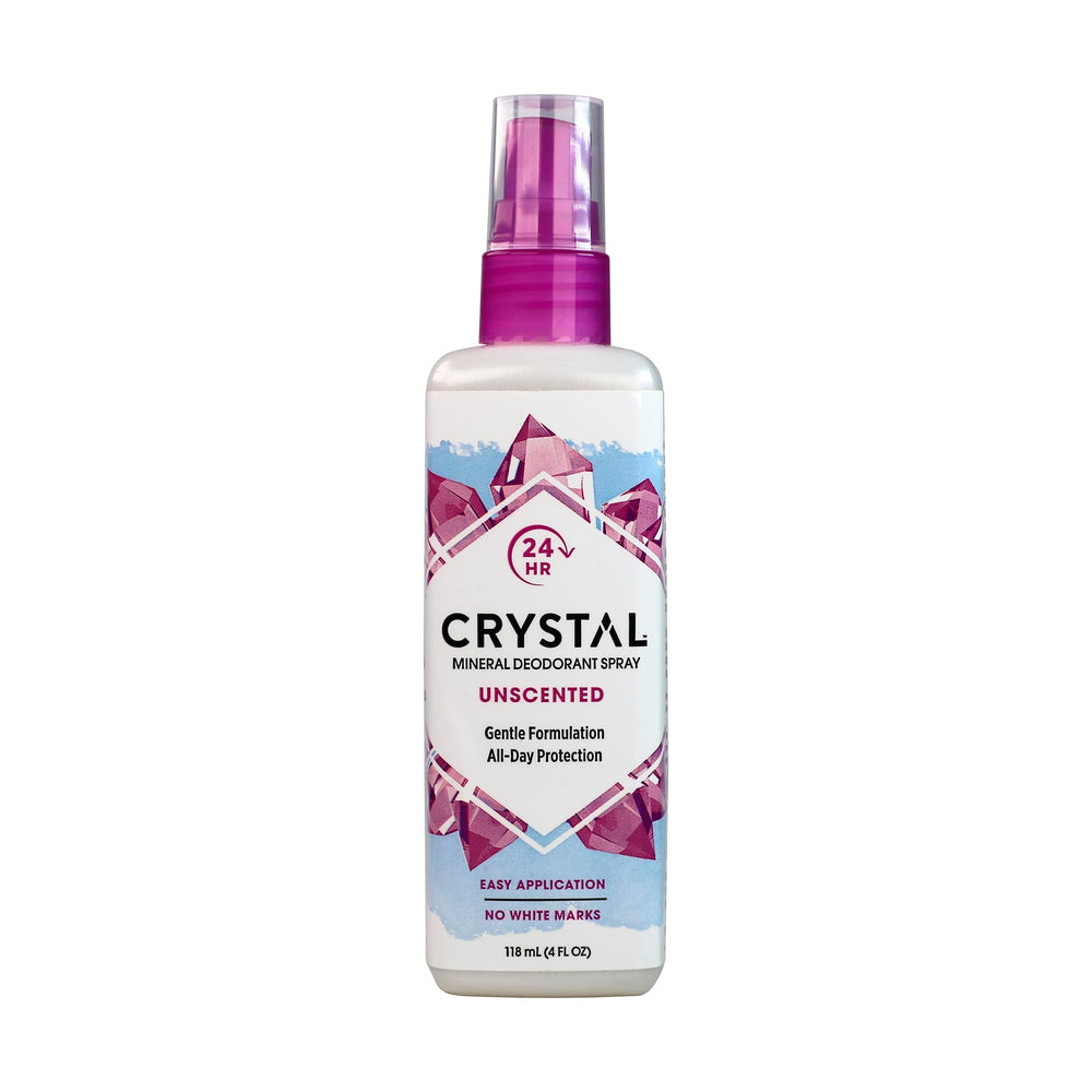 Crystal Essence CRYSTAL mineral deodorant spray bottle offering unscented, all-day odor protection.