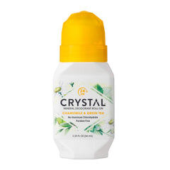 Crystal Essence deodorant roll-on pack with chamomile and green tea for all-day odor protection.