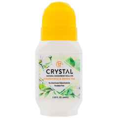 Crystal Essence mineral deodorant roll-on with chamomile and green tea for gentle daily odor control.
