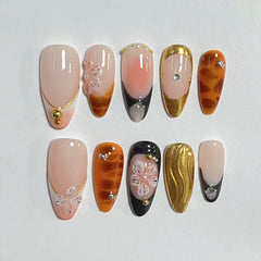 CTTHNBD almond press-on nails full cover in brown gold for quick, salon-worthy manicure.