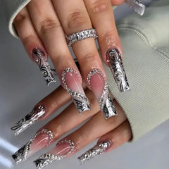 CTTHNBD long press nails square with silver French tip and heart rhinestones for elegant at-home manicure