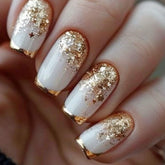 CTTHNBD medium square press-on nails with white and gold glitter for chic at-home manicure