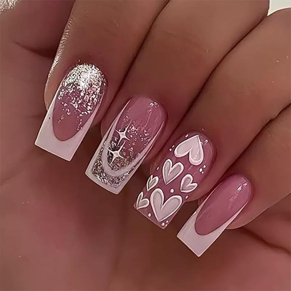 CTTHNBD press-on nails square, medium pink with heart design for quick, stylish manicures.