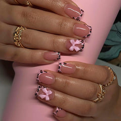 CTTHNBD short square leopard nails with pink bow for chic French tip.