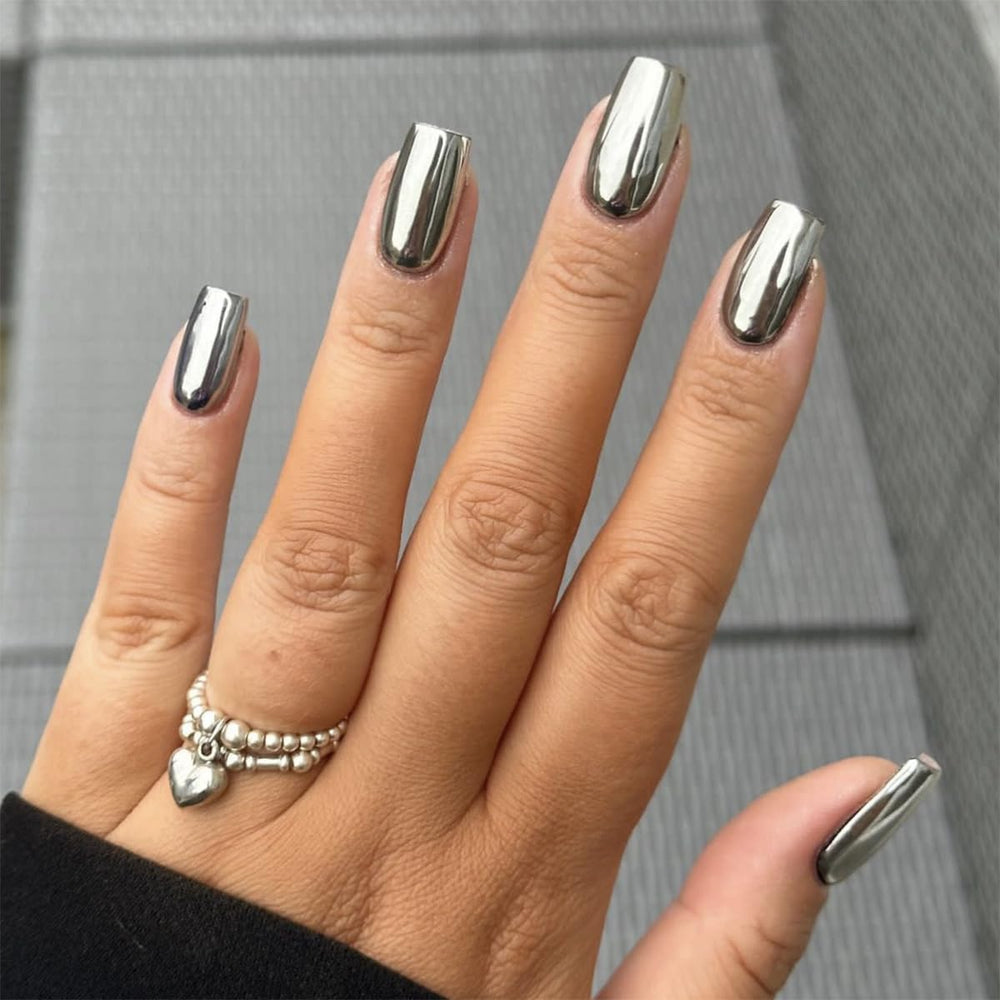 CTTHNBD silver chrome press-on nails in square shape offering a glossy, salon-like finish