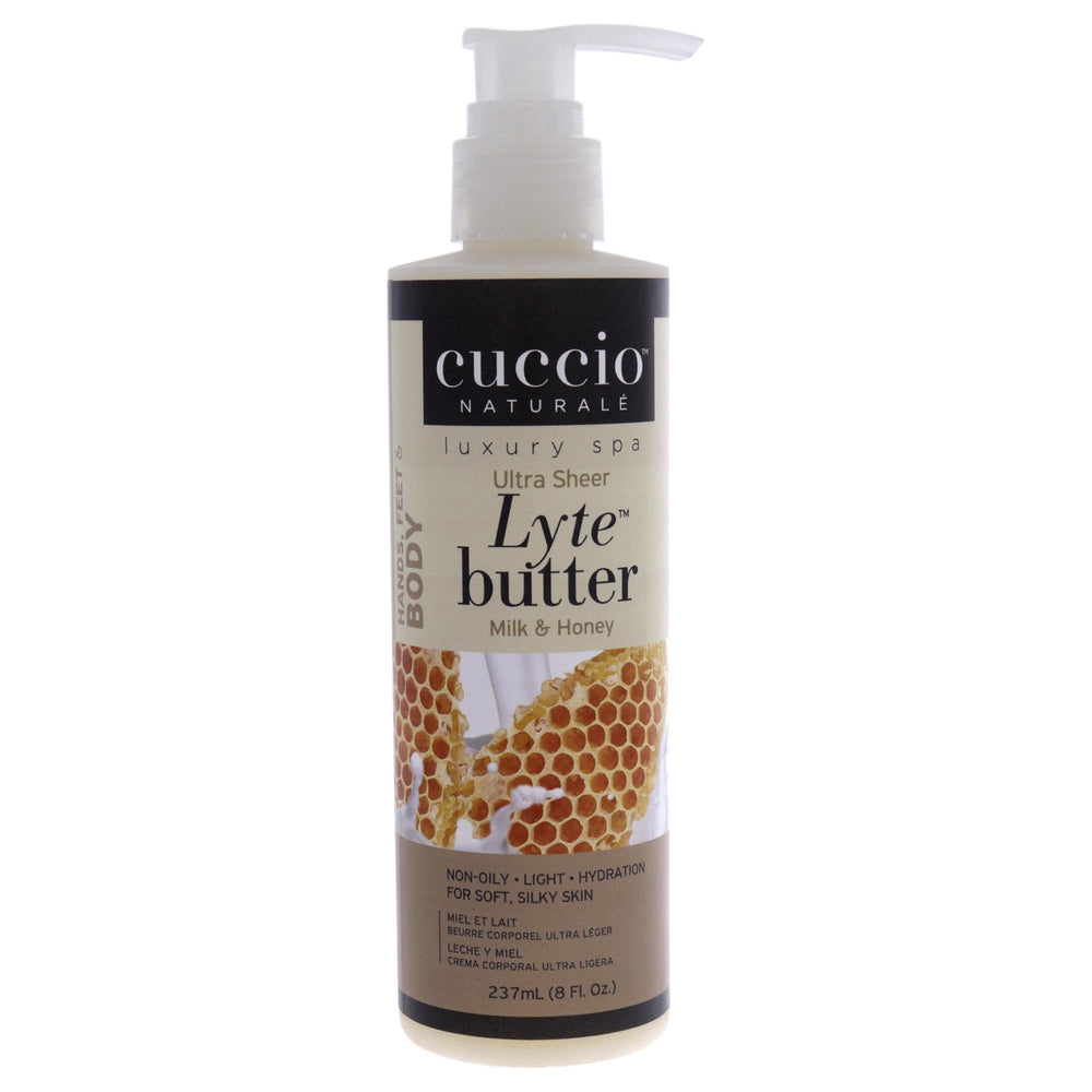 Cuccio Naturale Lyte Ultra-Sheer Body Butter bottle with Milk and Honey scent for lightweight hydration