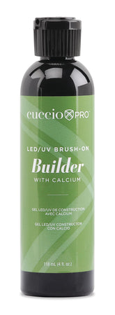 Cuccio Pro Brush-On Builder Gel calcium bottle close-up highlighting strength and easy brush-on use