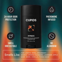Cupids Hypnosis deodorant stick shown during application for smooth glide.