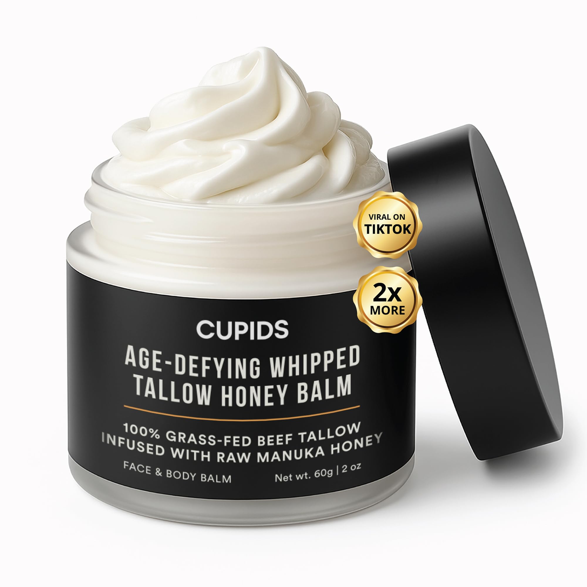 Cupids Tallow Balm face jar shows creamy texture for deep hydration.