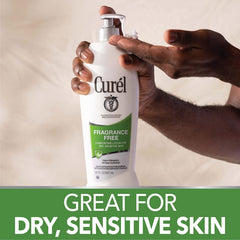 Curel Daily Moisture lotion label close-up highlighting fragrance-free formula for sensitive skin