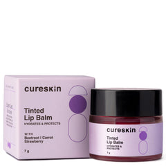 Cureskin tinted lip balm bottle closeup showing hydration for lips