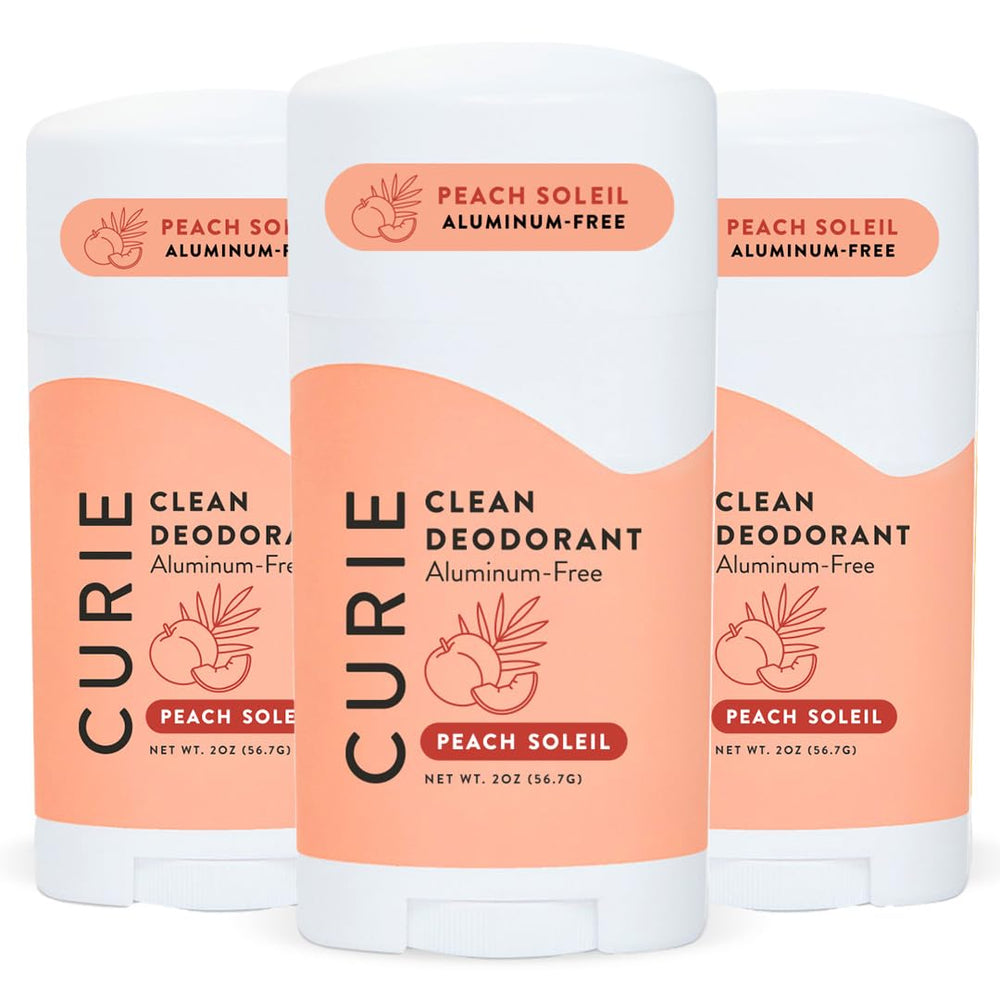 Curie Peach Soleil deodorant stick provides aluminum-free odor protection for all-day freshness.
