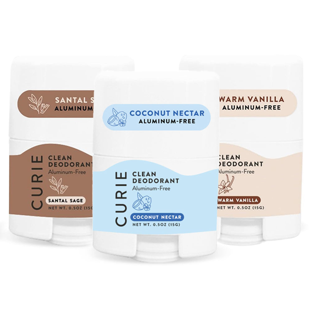 Curie travel-size deodorant in White Tea Lime scent for on-the-go freshness.