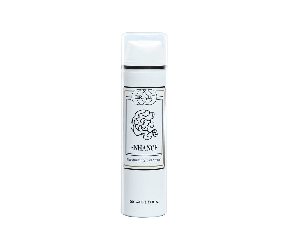 Curl Cult ENHANCE Moisturizing Curl Cream bottle showing lightweight hydration for defined curls