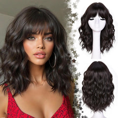 CURLCRAZY short wavy wig with bangs in dark brown for instant volume.
