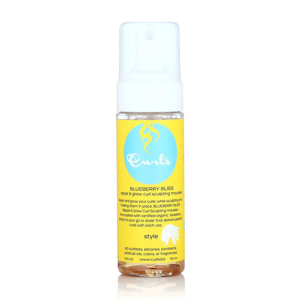Curls Blueberry Bliss Sculpting Mousse bottle for defined curls and volume.