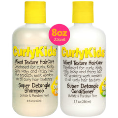 CurlyKids Super Detangle Shampoo bottle ready for use, promotes easy detangling and moisture.