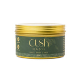 Cush Qasil powder container showing organic formula for daily skincare.
