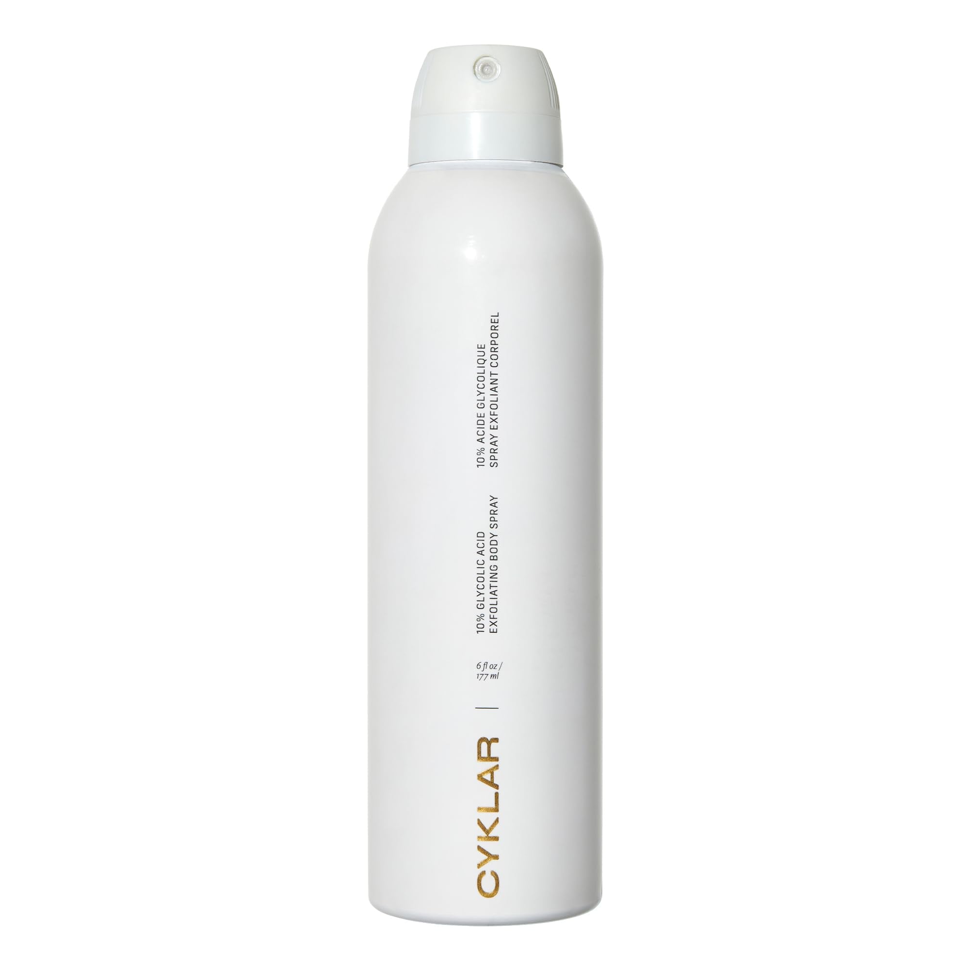 CYKLAR glycolic body spray bottle showing 10 percent exfoliation for refined skin texture.
