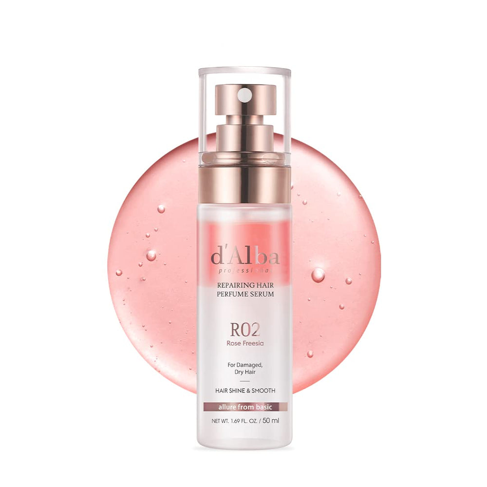 d'alba Piedmont hair perfume serum bottle close-up, suggesting frizz control and delicate fragrance.
