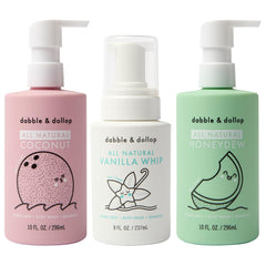 Dabble & Dollop Beachy Bundle packaging featuring three kid-friendly bottles for bath-time fun.