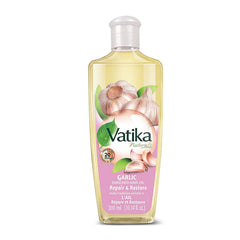 Dabur Vatika Enriched Hair Oil garlic bottle promotes scalp nourishment and hair shine.