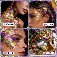 DAGEDA chunky glitter pigments create holographic shine with dynamic color shifts.