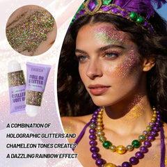 DAGEDA face glitter with shifting colors for dazzling highlights.