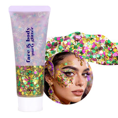 DAGEDA Mardi Gras glitter gel in green-gold-purple face and hair for dazzling party looks.