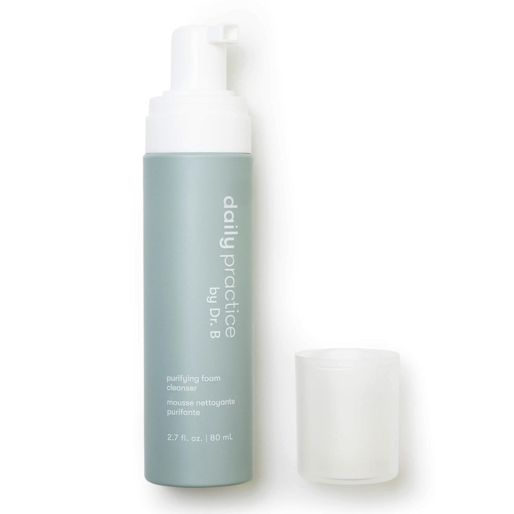 Daily Practice Dr. B Purifying Foam Cleanser bottle pour for easy lid hygiene.
