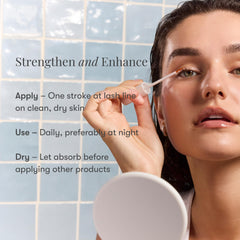 Close-up of applying Daily Practice Lash Serum near lashes.