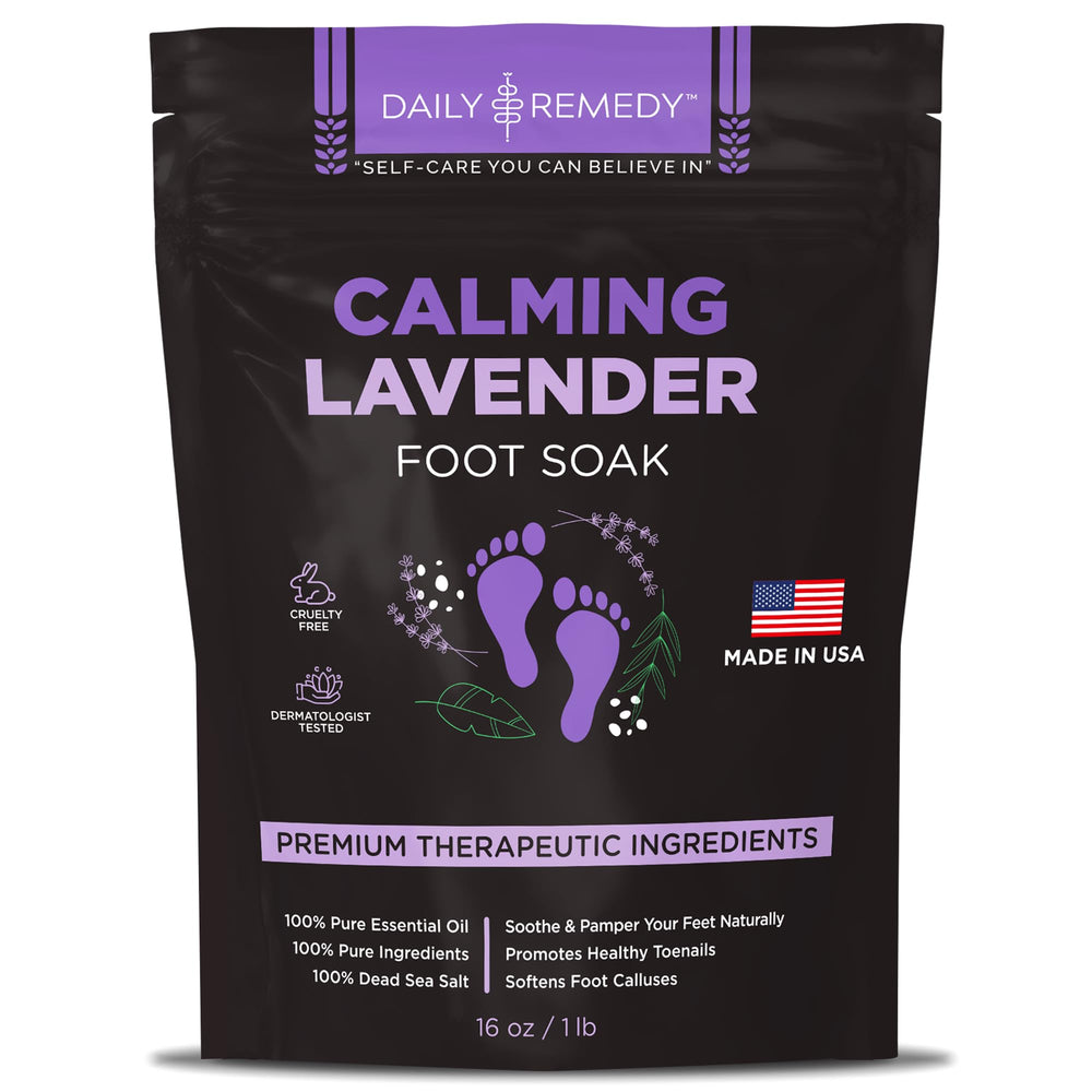 Daily Remedy Calming Lavender Foot Soak bottle for soothing at-home foot care.