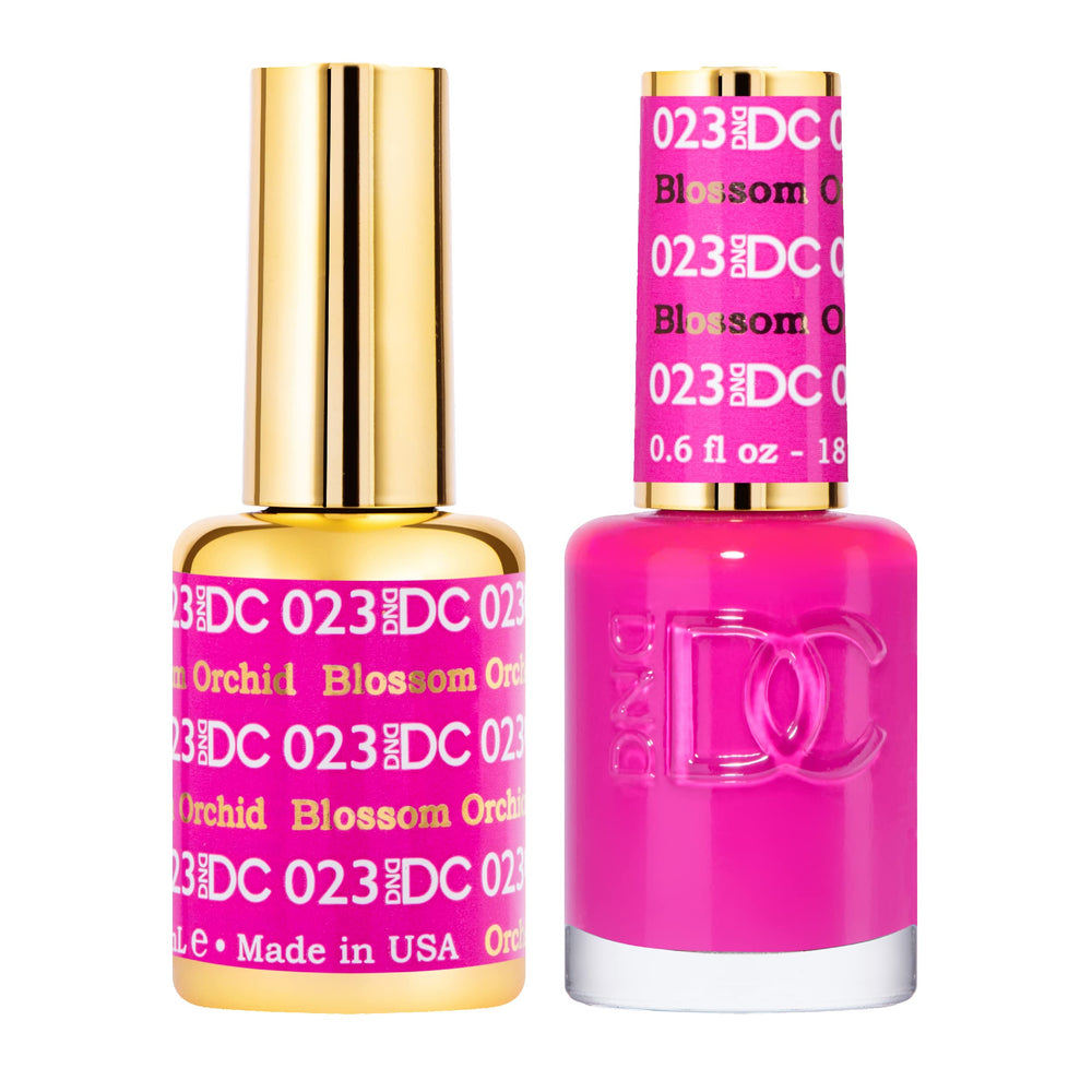 DAISY DND Blossom Orchid gel polish bottle close-up with vibrant color for bold manicure