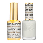 DAISY DND Coconut Silk 2460 gel polish bottle close-up showing chip-free, sheer white shine.