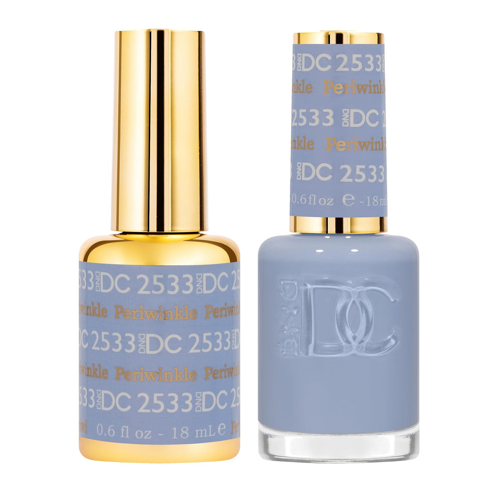 Daisy DND DC Gel Polish Periwinkle 2533 bottle close-up highlighting long-lasting gloss.