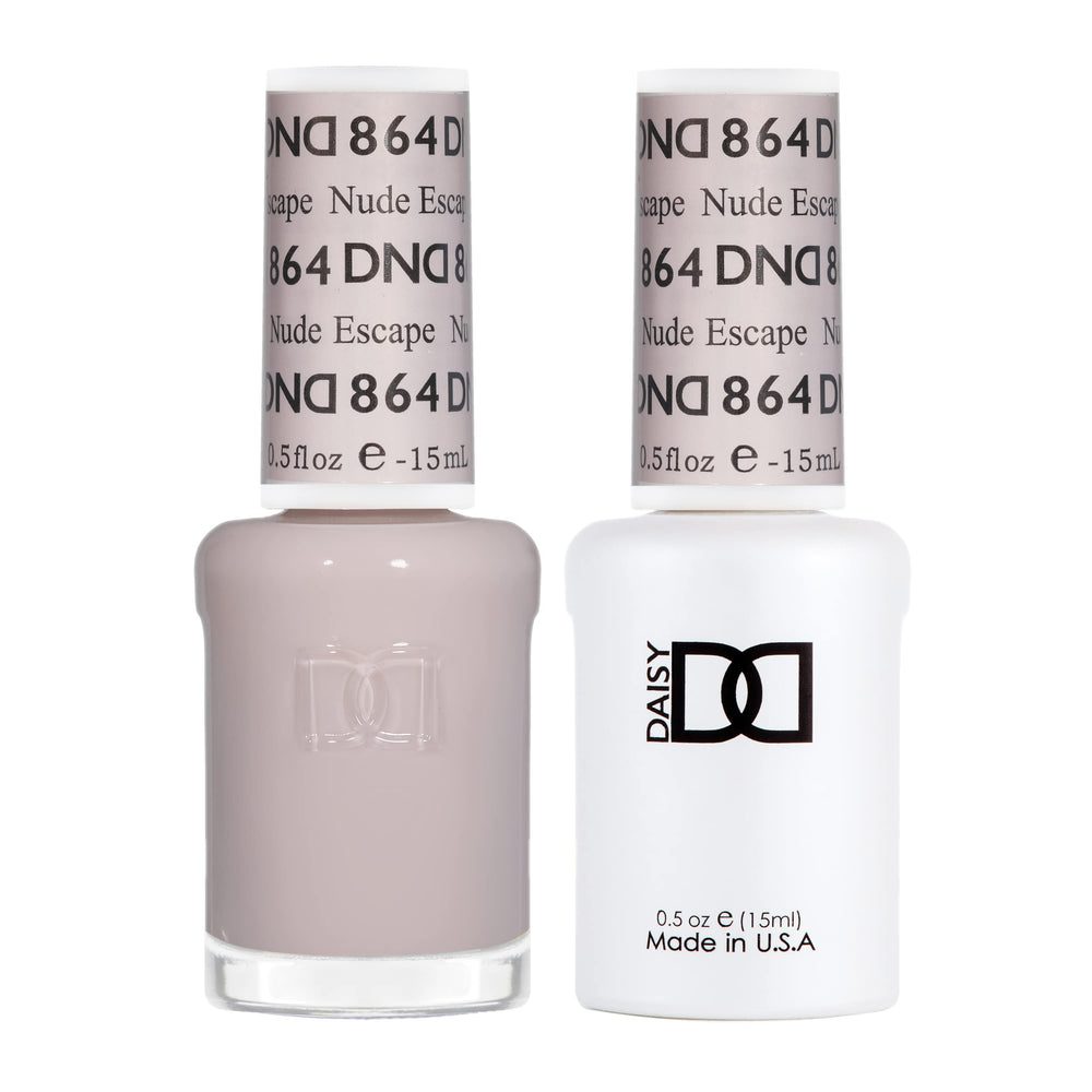 Daisy DND Nude Escape gel polish bottle with sheer nude finish for base layer.