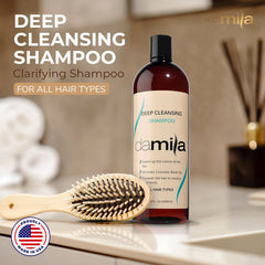 Damila Deep Cleansing Shampoo label detail highlights usage for all hair types