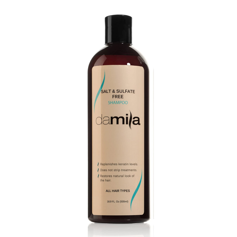 Damila shampoo bottle pour demonstrates gentle cleansing for keratin and color-treated hair.