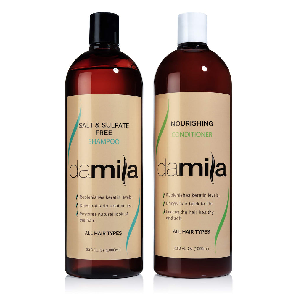 Damila shampoo bottle highlights keratin-friendly formula for color-treated hair.