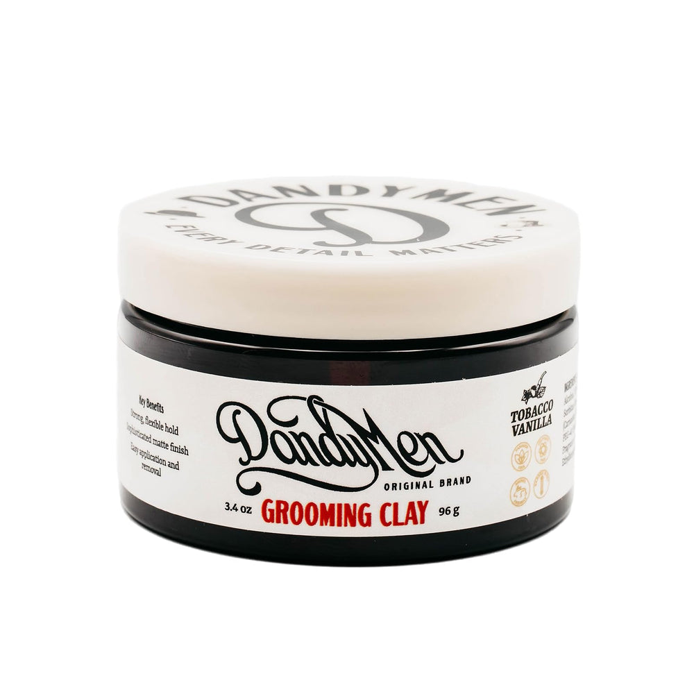 DandyMen Grooming Clay bottle shows strong all-day hold.