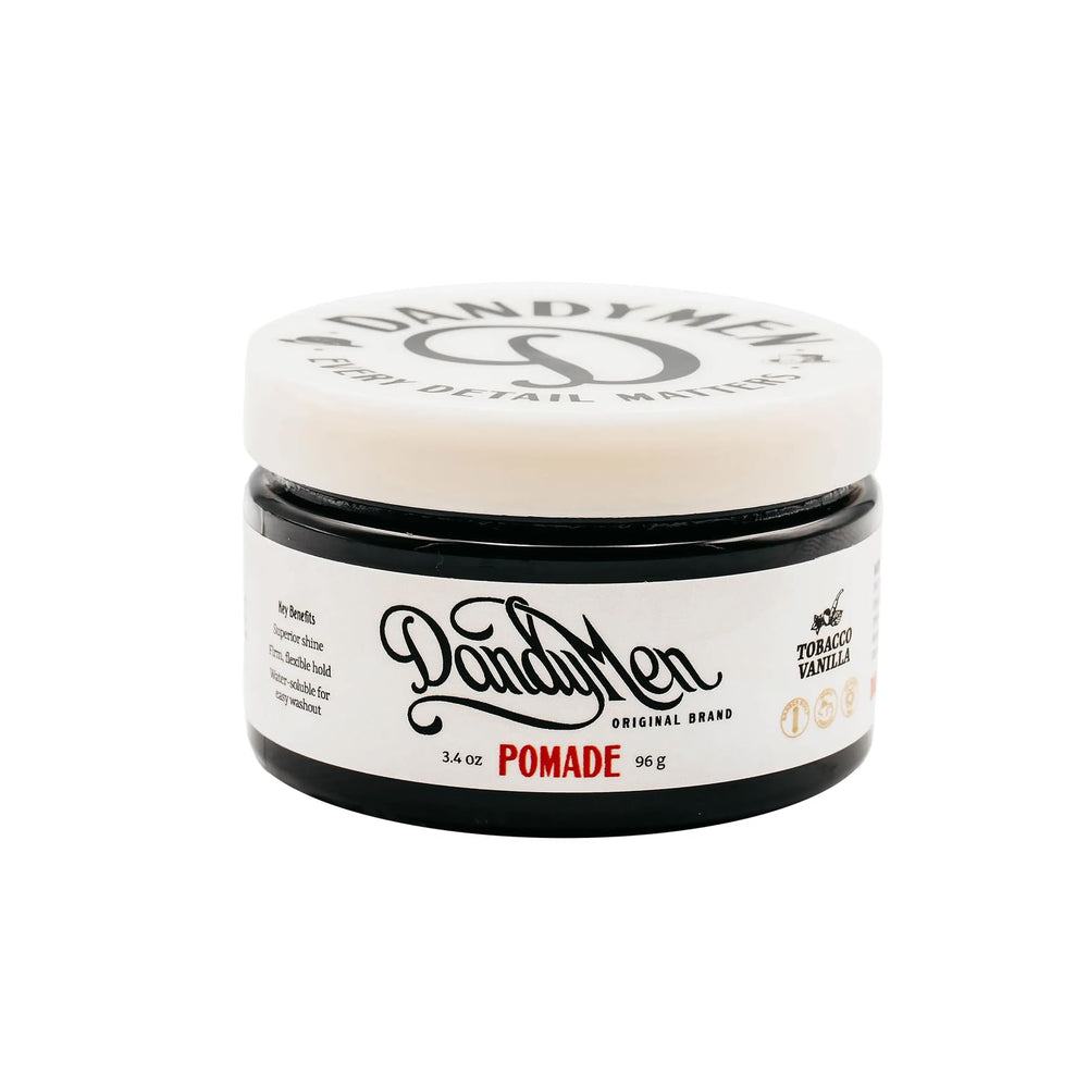 DandyMen Pomade strong hold creates a defined slick-back look.