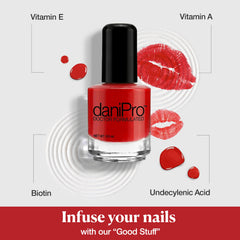 DaniPro First Kiss close-up shine emphasizes rich red gloss and chip resistance.